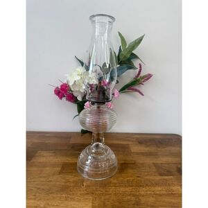 Antique Oil Lamp Ribbed Font Etched Base Pink UV Glow Glass Hurricane Lamp Decor